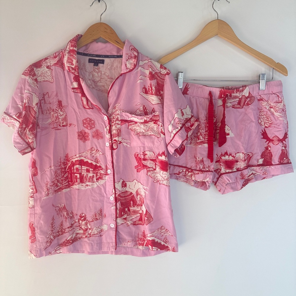 Katie Kime Apres Ski Toile Pajama Set Women S Pink Red Short Sleeve Shorts 13250